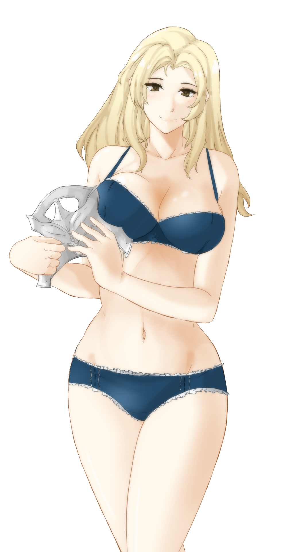 1girl 1girl alluring bare_shoulders big_breasts blonde_hair blush bra brown_eyes cleavage closed_mouth collarbone curvy facing_viewer female_focus fire_emblem fire_emblem_echoes:_shadows_of_valentia fire_emblem_gaiden fire_emblem_heroes helmet high_res holding holding_unworn_helmet intelligent_systems legs light_blush lingerie long_hair looking_at_viewer mathilda_(fire_emblem) navel nintendo panties smile standing thighs transparent_background tridisart underwear unworn_headwear unworn_helmet
