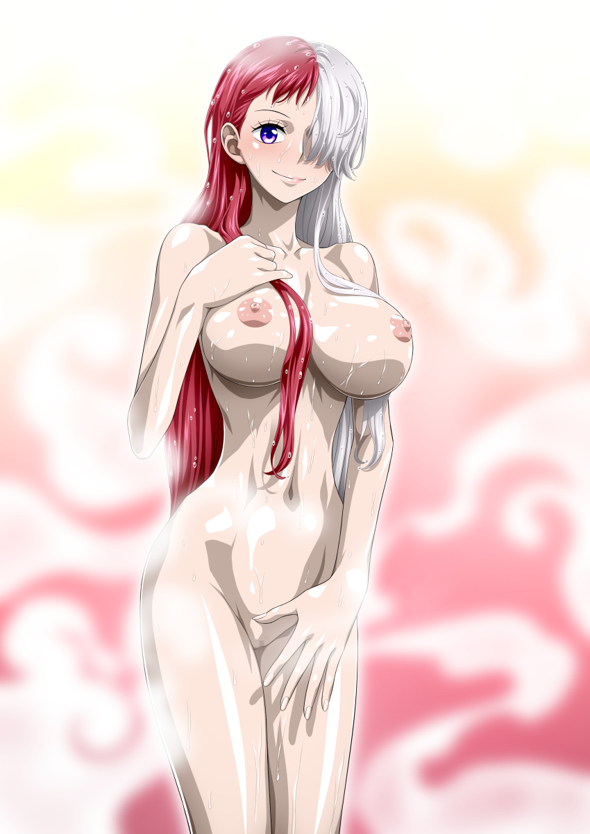 1girl 1girl alluring big_breasts big_breasts blush censored female_only nel-zel_formula one_piece red-haired_female red_hair shower showering tagme two-tone_hair uta_(one_piece) white-haired_female white_hair