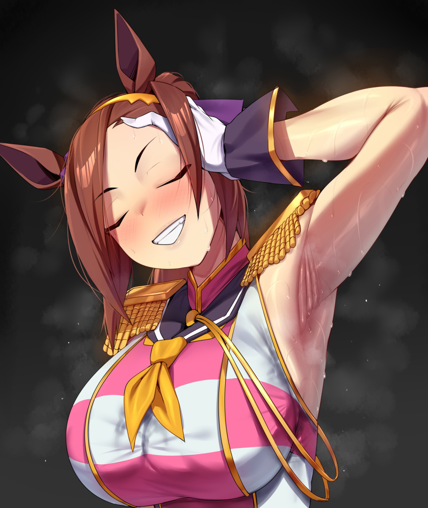 1girl 1girl armpit armpit_crease armpit_fetish astroodragon bakushin_o_armpit_gif_(meme) big_breasts closed_eyes horse_girl sakura_bakushin_o_(umamusume) smile smug sweat sweating touching_hair umamusume umamusume_pretty_derby
