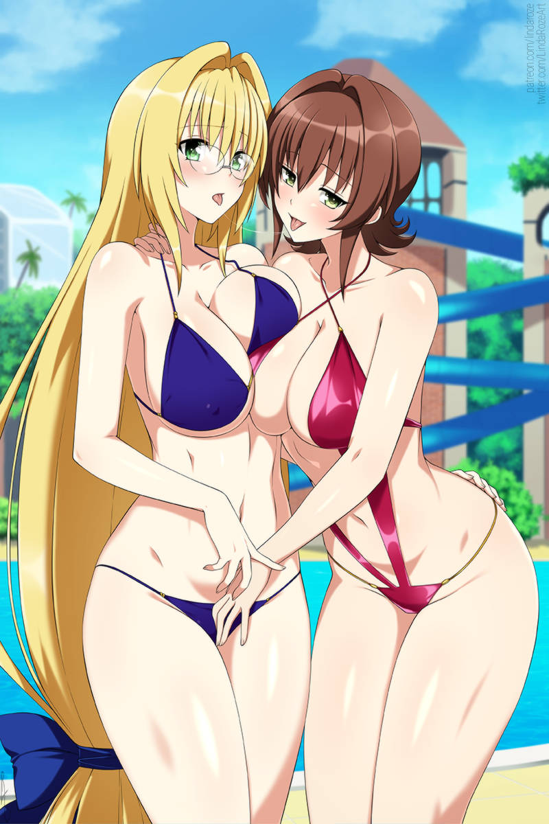 1girl 2_girls after_kiss alluring big_breasts bikini blonde_hair blue_bikini blue_swimsuit brown_hair clouds glasses green_eyes kissing large_breasts_lesbian lindaroze long_hair looking_at_viewer midriff mikado_ryouko navel one-piece_swimsuit outside pool poolside purple_one-piece_bikini purple_swimsuit saliva_trail short_hair sky swimming_pool swimsuit teacher tearju_lunatique to_love-ru water waterpark yellow_eyes yuri