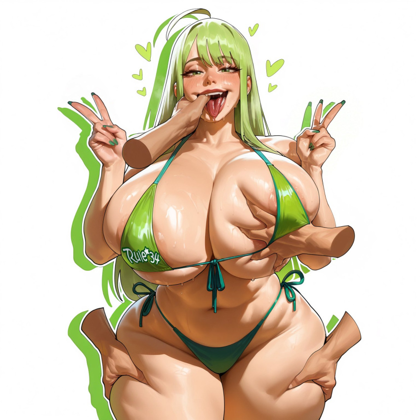1girl 2d_artwork ai_generated big_breasts bikini blank_background floating_hands green_hair groping mnemosynekoto multiple_boys peace_sign rule_34 rule_34-tan tagme thumb_in_mouth wide_hips