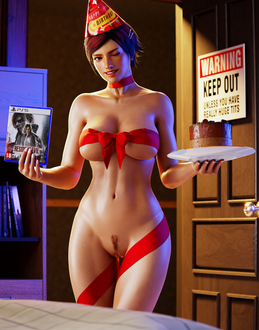 1girl 3d big_breasts biohazard birthday birthday_cake birthday_gift choker dead_or_alive deviantart enslaverofhumanity female_focus female_only hourglass_figure mila_(doa) red_hair resident_evil resident_evil_9 resident_evil_9:_requiem resident_evil_requiem ribbon ribbon_bondage tagme tomboy video_games wide_hips