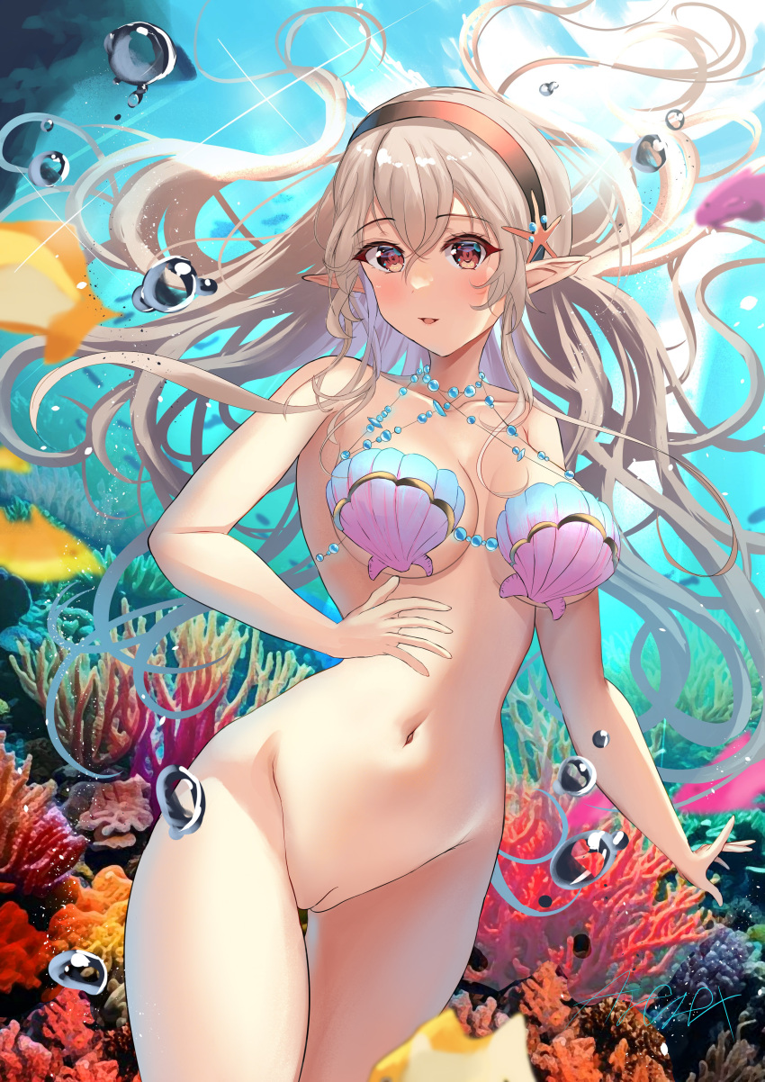 1girl absurd_res alluring arerex big_breasts black_hairband blush bottomless bubble coral corrin_(fire_emblem) corrin_(fire_emblem)_(female) corrin_(summer)_(fire_emblem)_(female) female fire_emblem fire_emblem_cipher fire_emblem_fates fire_emblem_warriors grey_hair hair_between_eyes hairband high_res intelligent_systems long_hair looking_at_viewer naked_from_the_waist_down navel nintendo official_alternate_costume open_mouth panties pointy_ears pussy shell shell_bikini smile solo underwater