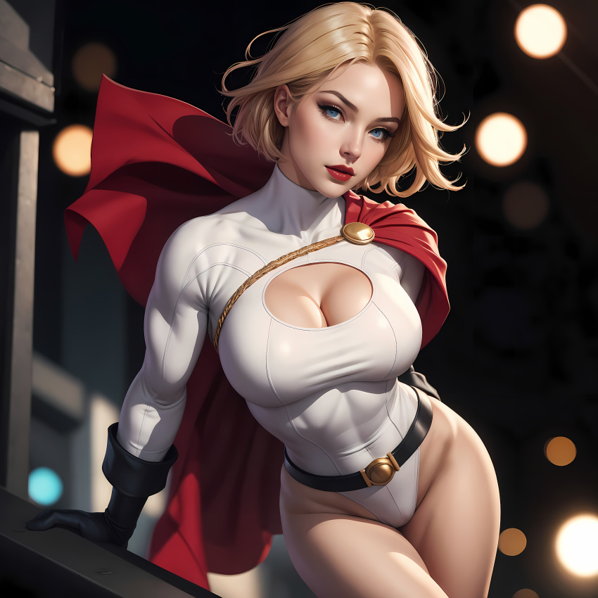 1girl arm_support bare_legs belt big_breasts black_belt black_gloves blonde_female blonde_hair blue_eyes breasts cape cleavage cleavage_cutout closed_mouth dc_comics expressionless female_only female_solo gloves head_tilt justice_society_of_america legs leotard lips lipstick looking_at_viewer makeup mound_of_venus neck power_girl red_cape red_lipstick serious sghero1234 sghero1234_(artist) short_hair standing superman/batman:_public_enemies thighs turtleneck turtleneck_leotard white_leotard