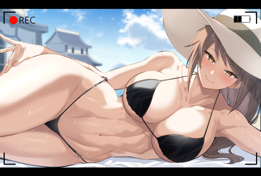 1girl big_breasts bikini brown_eyes brown_hair bubble_butt cleavage dungeon_and_fighter dungeon_fighter_online fighter_(dungeon_and_fighter) horny inviting_to_sex kook laying laying_down looking_at_viewer pose striker_(dungeon_and_fighter) swimsuit teasing thick_thighs