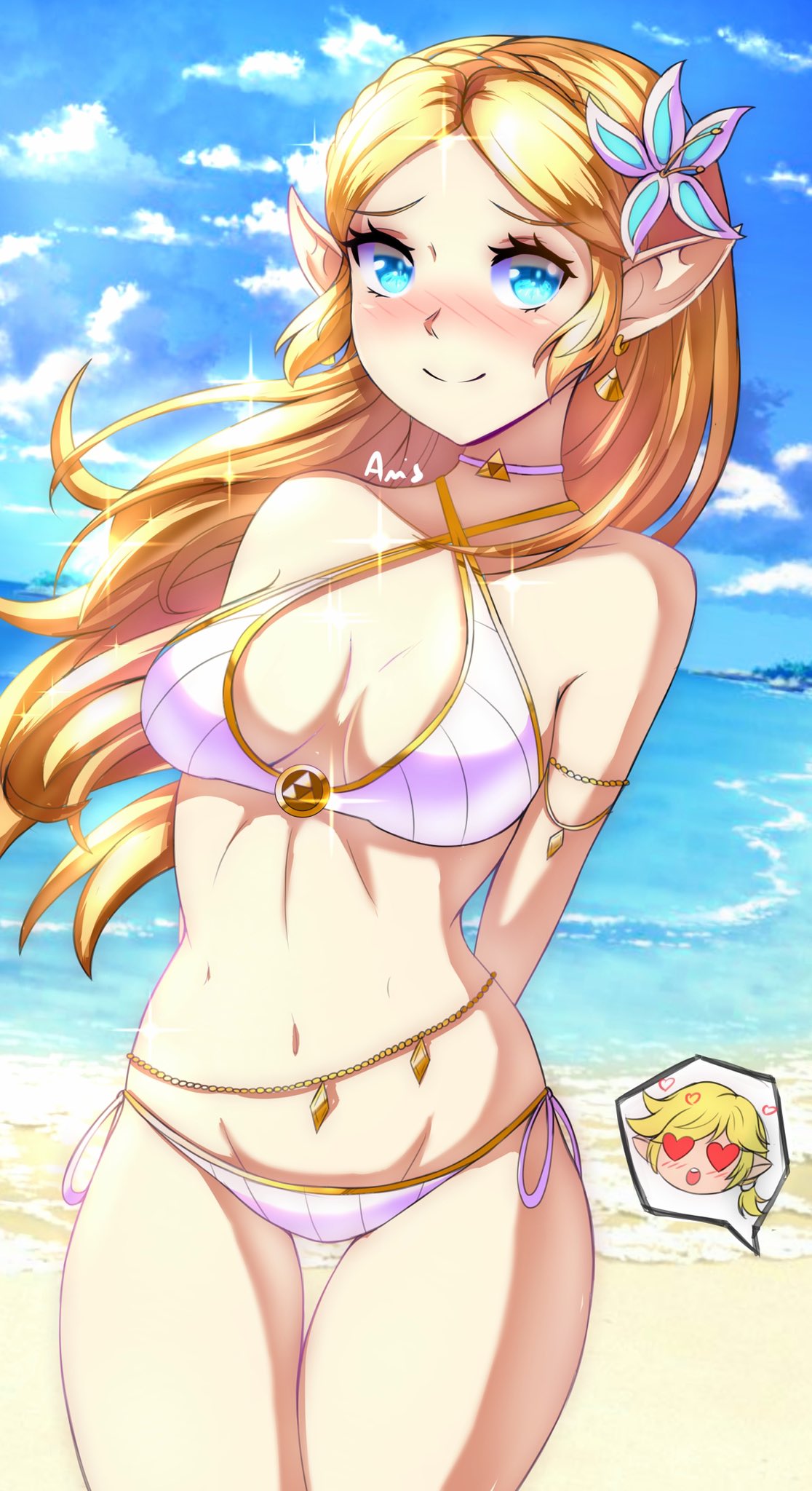 1boy 1girl anisdrawn big_breasts bikini blonde blonde_female blonde_hair light-skinned_female light_skin link male nintendo pointy_ears princess_zelda solo_focus tagme the_legend_of_zelda the_legend_of_zelda:_tears_of_the_kingdom wholesome