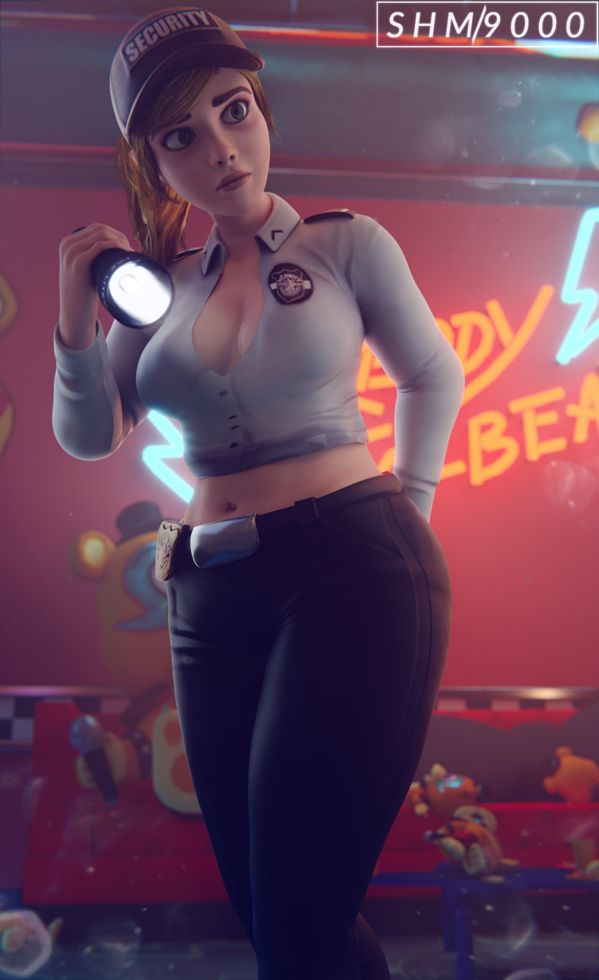 1girl 1girl 1girls 3d accurate_art_style blender blonde_hair breasts five_nights_at_freddy's five_nights_at_freddy's:_security_breach flashlight fully_clothed green_eyes looking_around medium_breasts security security_guard superhentaimaster9000 vanessa_(fnaf)