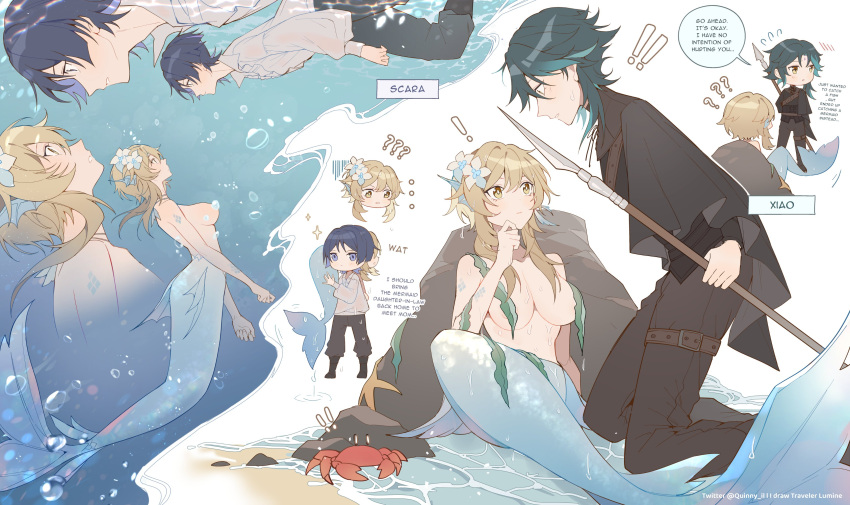 1girl 2boys blonde_hair breasts captured carrying_over_shoulder carrying_partner english_text exposed_breasts female flower_in_hair genshin_impact in_water lumine_(genshin_impact) male merfolk mermaid mermaid_girl mermaid_tail nude ocean over_the_shoulder quinny_il scaramouche_(genshin_impact) sea sideboob swimming tail topless topless_female underwater water wholesome xiao_(genshin_impact)