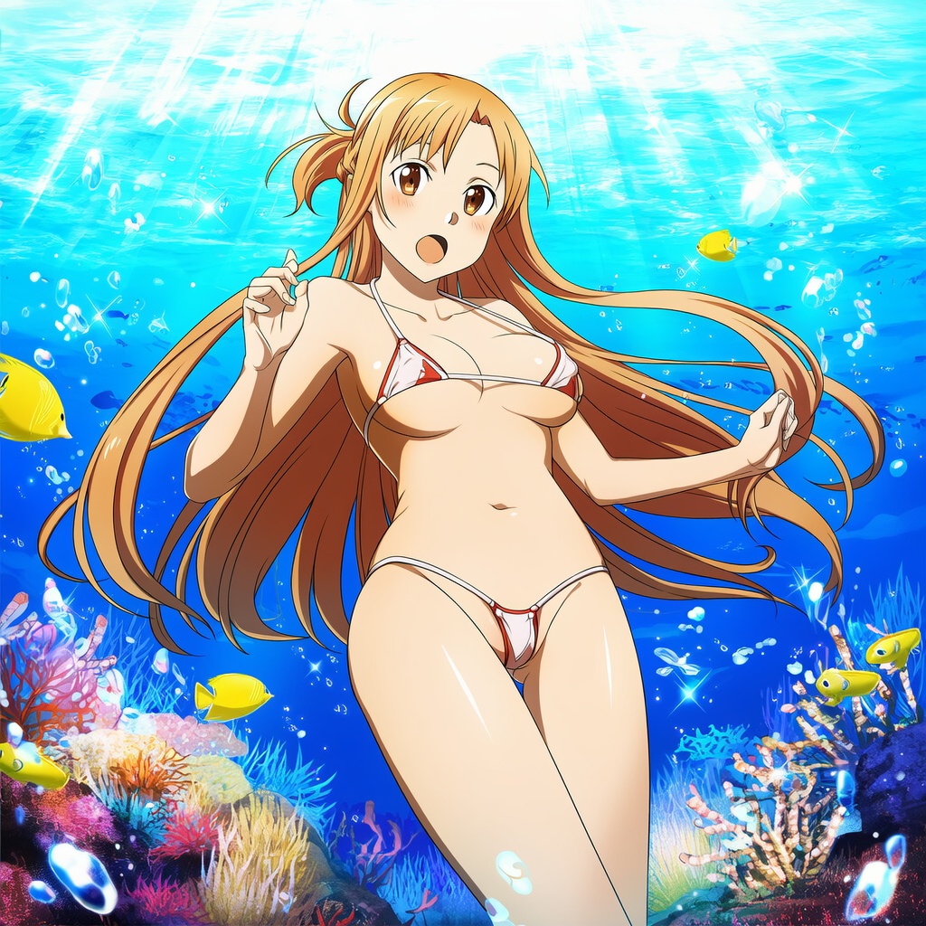 1girl alluring asuna_(sao) auburn_eyes auburn_hair bikini blonde_hair blue_eyes fish goldhopper pin_up swimming sword_art_online underboob underwater