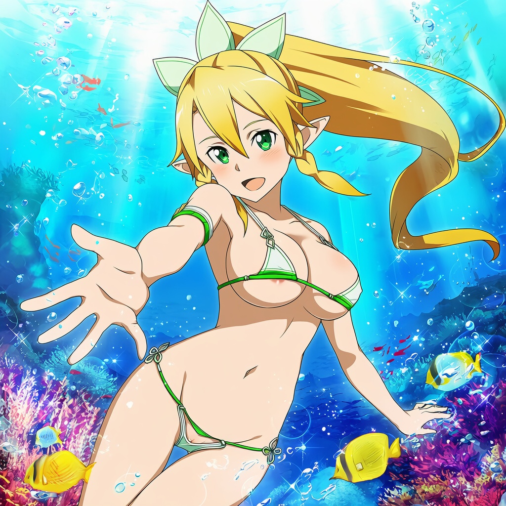 1girl alluring bikini blonde_hair fish goldhopper green_eyes leafa pin_up pussy_peek swimming sword_art_online under_boob underwater