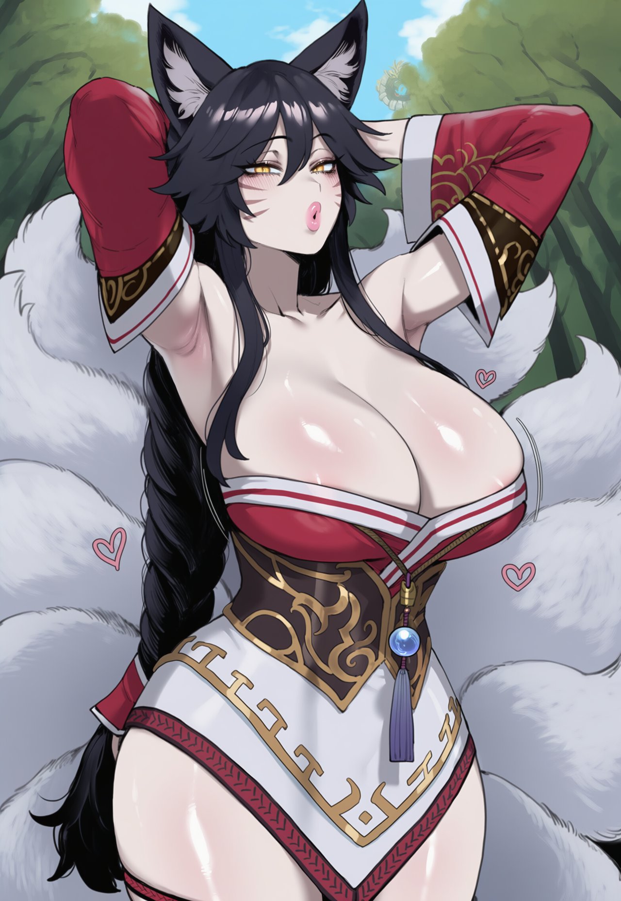 1girl ahri ahri_(league_of_legends) ai_generated animal_ears areola areola_slip armpits arms_behind_head black_hair blush breasts clothed clothed_female collarbone fox_ears fox_girl fox_tail gigantic_breasts heart huge_breasts kitsune league_of_legends light-skinned_female light_skin lips looking_at_viewer pov riot_games smooch tails thick_thighs thighs truck-kun_art vastaya white_hair yellow_eyes