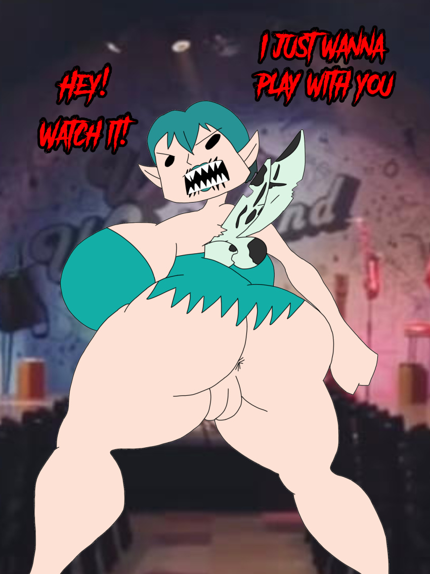 1girl angry angry_face anus aqua_dress aqua_hair ass band bare_ass big_breasts black_eyes breasts broken_wings butt digital_media_(artwork) dress exposed_pussy fairy fanart fangs female female_only horror horror_(theme) jessica_graves_davis legs light-skinned_female light_skin lipstick logo looking_at_viewer looking_back monster_girl murontis2001 nightmare_waifu no_panties pointy_ears possessed possession pussy sharp_teeth simple_eyes siren_sara solo stage teeth teeth_showing text thick_thighs willys_wonderland wings