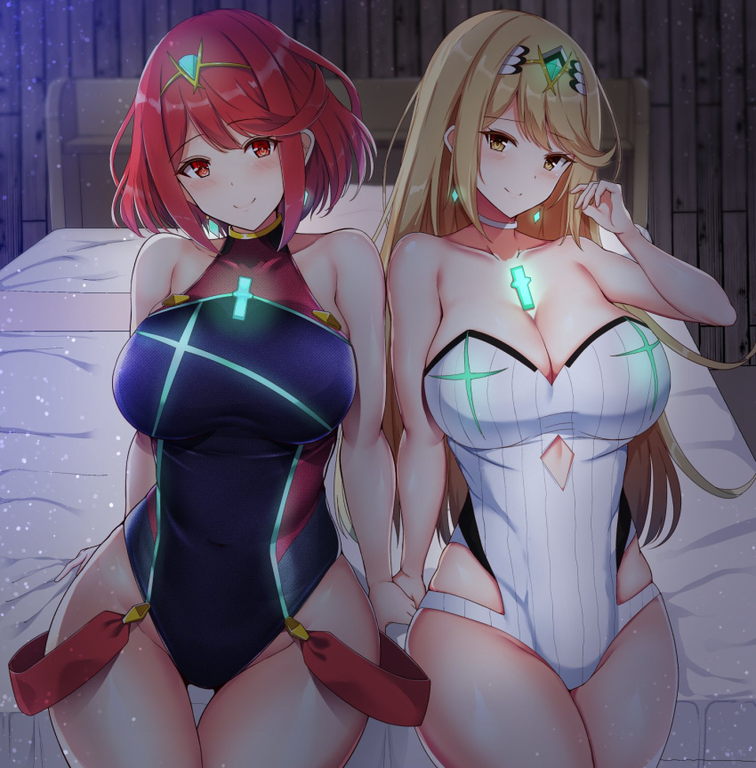 2girls alluring bangs bare_shoulders bed big_breasts blonde_hair blush cleavage competition_swimsuit covered_navel gem headpiece high_res jewelry long_hair looking_at_viewer multiple_girls mythra_(xenoblade) nintendo noeomi one-piece_bikini pyra_(xenoblade) short_hair smile swept_bangs swimsuit thigh_gap thighs tiara xenoblade_(series) xenoblade_chronicles_2 yellow_eyes