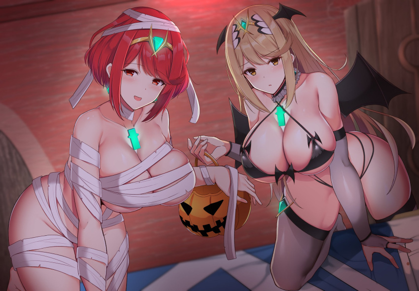 2girls bandage bandages bat_wings bed bent_over big_breasts bikini black_bikini blanket blonde_hair blush bridal_gauntlets choker cleavage commentary_request cosplay criss-cross_halter crystal demon_wings dual_persona earrings female_focus halloween halloween_basket halloween_costume halterneck head_wings high_res jack-o'-lantern jewelry latex matching_hair/eyes multi-strapped_bikini multiple_girls mummy_costume mythra_(xenoblade) nintendo noeomi open_mouth pillow pyra_(xenoblade) red_eyes red_hair short_hair stockings swimsuit tiara under_boob wings xenoblade_(series) xenoblade_chronicles_2 yellow_eyes