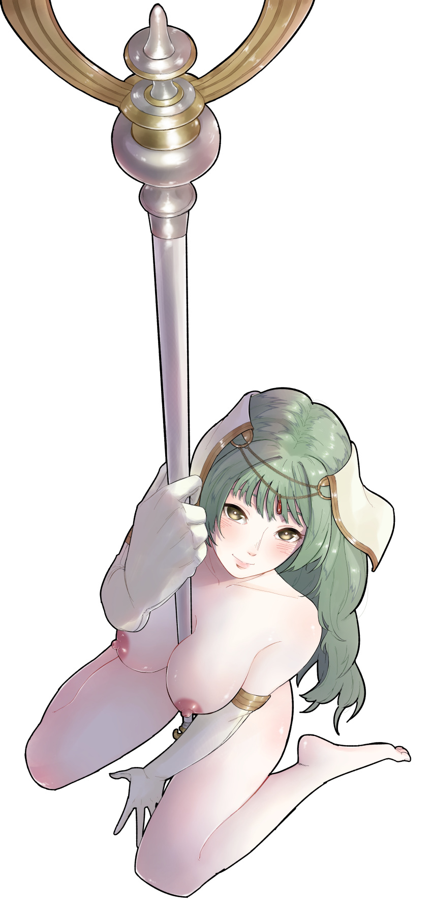 1girl 1girl 1girl alluring bare_shoulders barefoot between_breasts big_breasts blush collarbone elbow_gloves fire_emblem fire_emblem_echoes:_shadows_of_valentia fire_emblem_gaiden from_above gloves green_eyes green_hair intelligent_systems joysjsj00 kneel long_hair looking_at_viewer looking_up naked_gloves nintendo nipples nude nude_female smile staff tatiana_(fire_emblem) transparent_background
