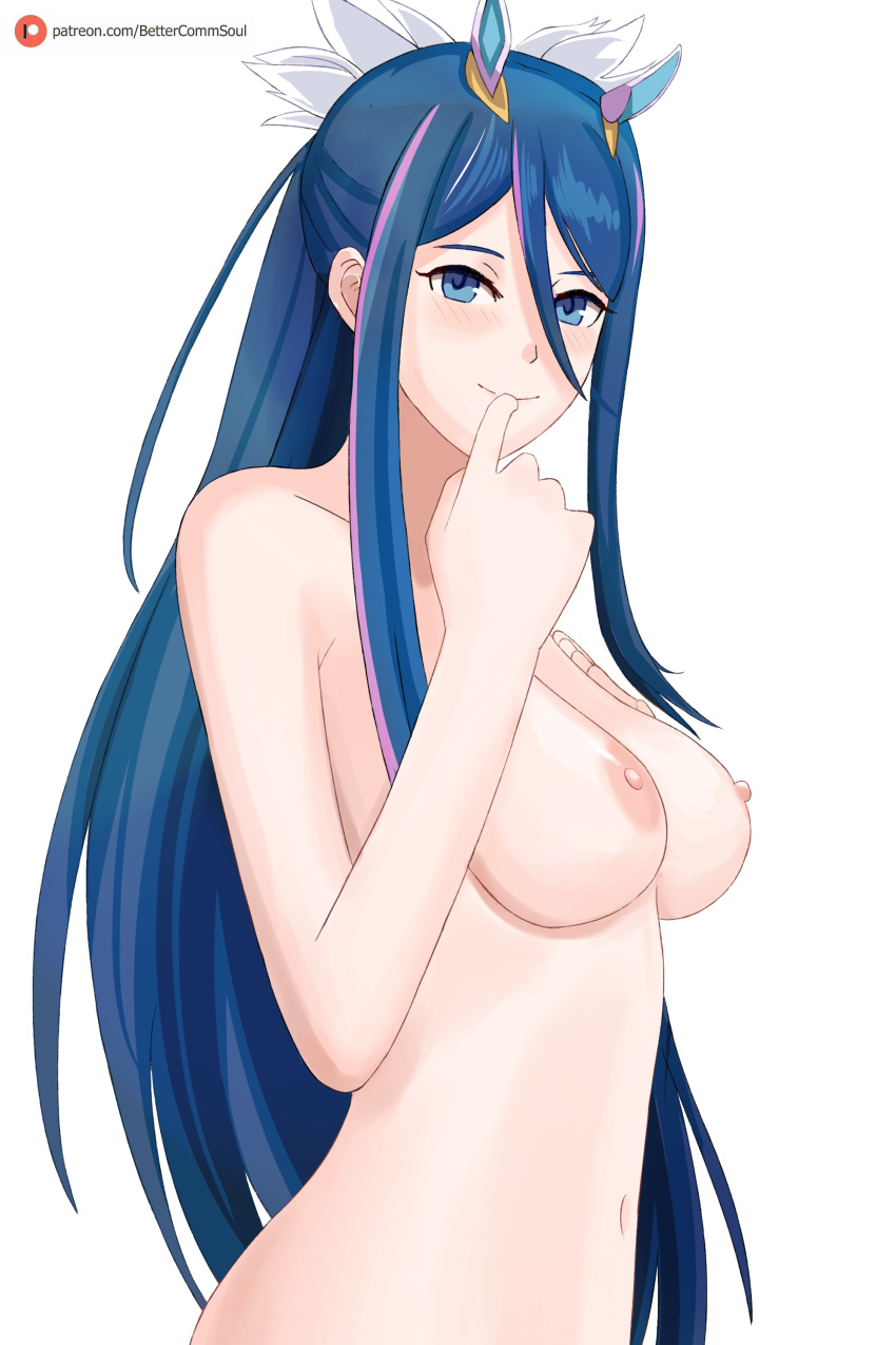1girl 1girl 1girl alluring bettercommsoul blue_eyes blue_hair completely_nude female_only fire_emblem hair_between_eyes hand_on_own_chest hand_on_own_face intelligent_systems long_hair looking_at_viewer medium_breasts nintendo nipples nude nude_female oribe_tsubasa ponytail smile tokyo_mirage_sessions_#fe very_long_hair white_background