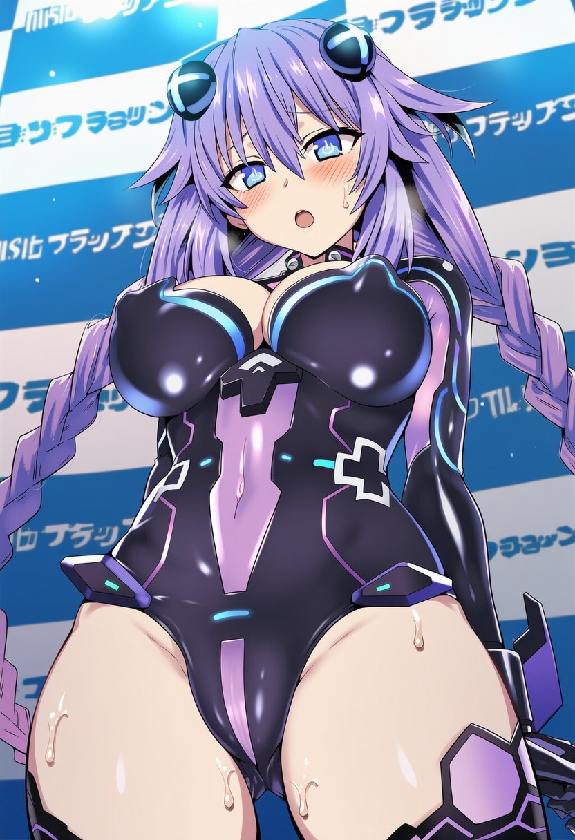 1girl big_breasts blue_eyes blush bodysuit braided_twintails breasts cleavage female_only hair_accessory hair_ornament kazuyan114 long_hair neptune_(choujigen_game_neptune) neptune_(hyperdimension_neptunia) neptune_(series) neptunia_(series) nipple_bulge nipples purple_hair purple_heart solo_female