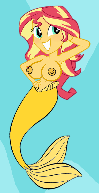 1girl blue_eyes breasts bubbles equestria_girls eyebrows eyelashes female hasbro meierus mermaid mermaid_tail my_little_pony nipples nude red_hair sand smile smiling_at_viewer solo starfish sunset_shimmer teen underwater waving waving_at_viewer yellow_skin