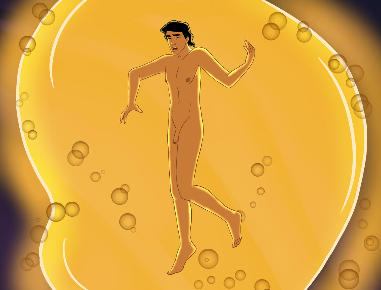 1boy black_hair bubble bubbles chest_tuft closed_eyes disney feet hockeyman975 navel nude nude_male open_mouth penis prince_eric the_little_mermaid toes underwater