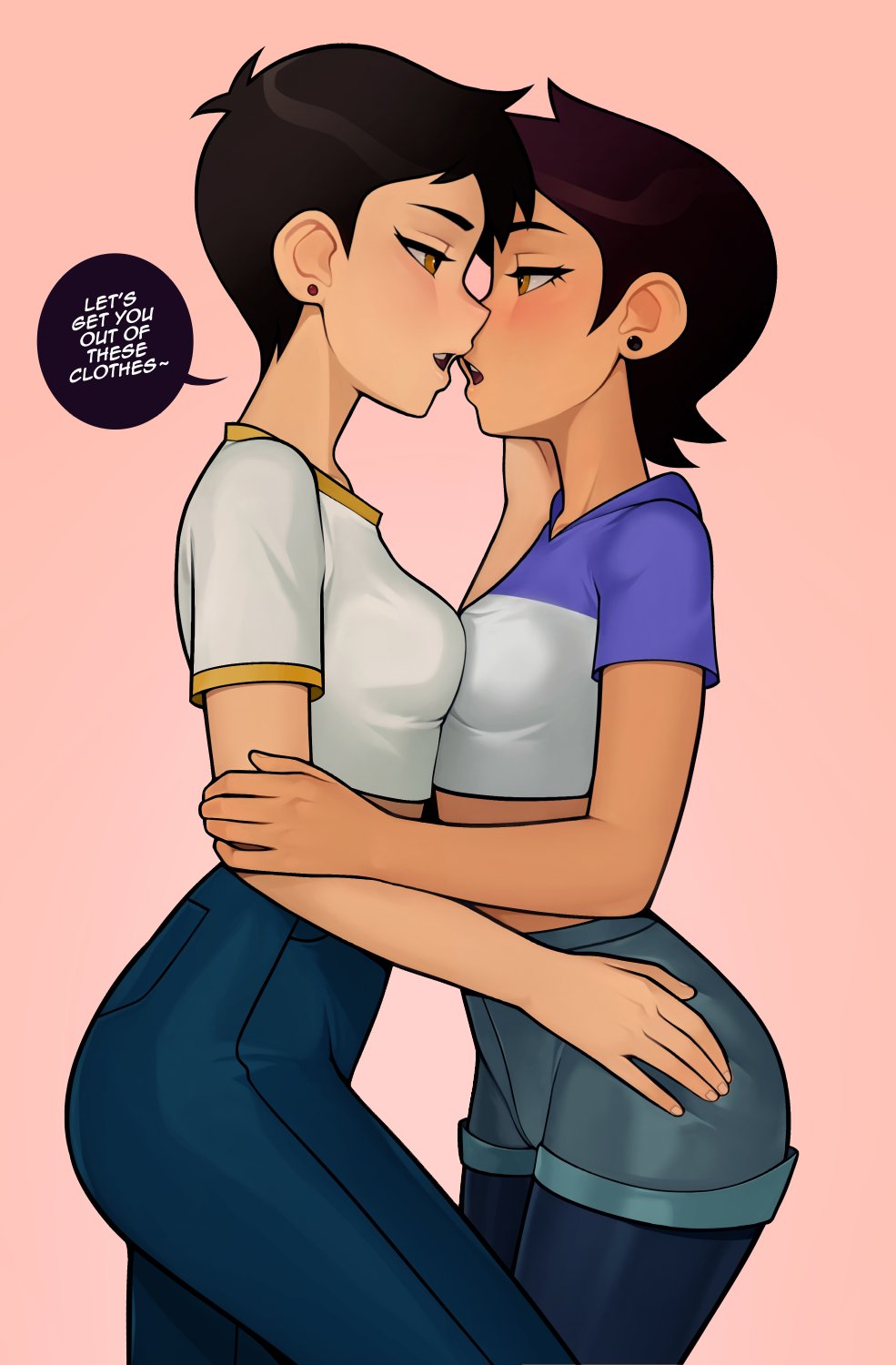 1girl 2_girls about_to_strip before_sex black_hair blush breasts brown_hair clothing crossover dark-skinned_female dark_skin dc_comics dc_comics dialogue disney disney_channel ear_piercing earrings female_only grabbing_arm grabbing_ass holding_each_other imminent_sex kissing lois_lane lois_lane_(my_adventures_with_superman) loodncrood luz_noceda my_adventures_with_superman short_hair small_breasts superman_(series) tan tan_body tan_skin text the_owl_house tomboy yuri