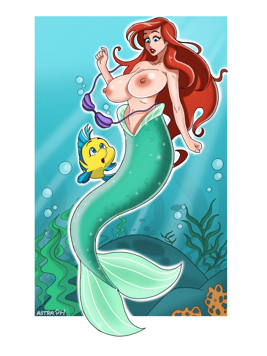 1girl 2025 astra_ph bra breasts bubbles disney flounder lipstick mermaid mermaid_tail navel nipples princess_ariel red_hair the_little_mermaid underwater