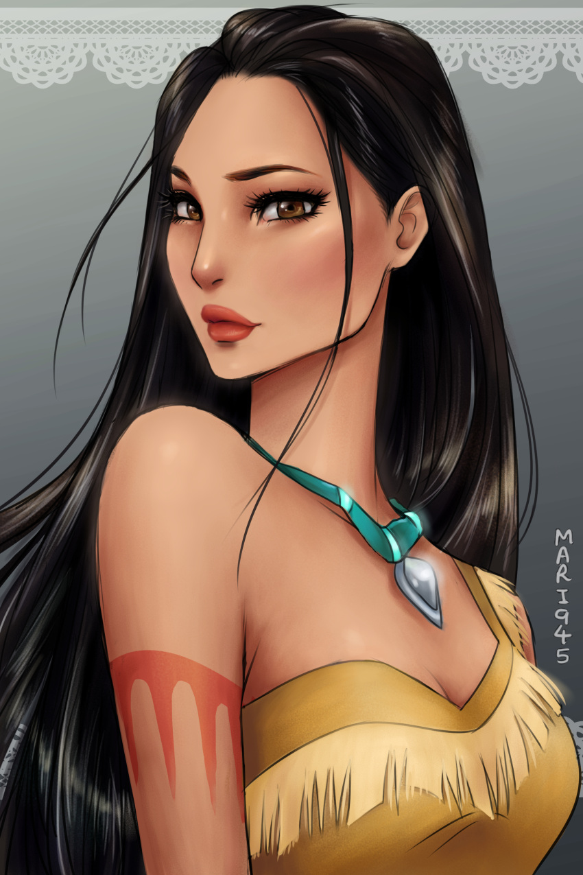 1girl arm_tattoo arms_at_sides bangs bare_arms bare_shoulders black_hair breasts brown_eyes cleavage closed_mouth collarbone dark-skinned_female dark_skin disney dress female_only female_solo gradient gradient_background grey_background head_tilt jewelry lips lipstick long_hair looking_at_viewer makeup mari945 mari945_(artist) medium_breasts native_american neck necklace parted_bangs pocahontas pocahontas_(character) red_lipstick single-shoulder_dress smile straight_hair tattoo thick_lips upper_body yellow_dress