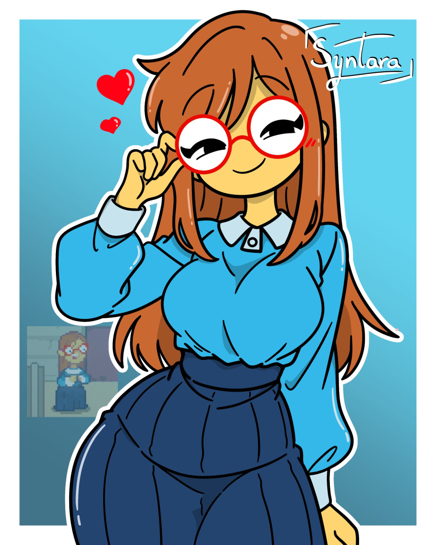 1girl 1girl big_glasses blue_skirt blush bra breasts dot_eyes hairy half-closed_eyes hourglass_figure iamsyntara innocent kindergarten_(game) kindergarten_3 light_blue_shirt long_hair looking_at_viewer medium_breasts ms._lovelett nerd orange_hair panties pussy pussy_hair red_glasses sexy simple_background simple_coloring simple_shading smile teacher wide_hips