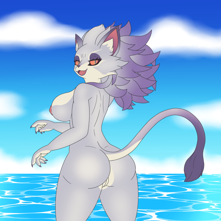 1girl anthro ass belladonna_(trials_of_mana) big_ass big_breasts breasts claws demon eyelashes eyeliner eyeshadow fangs felid female fur genitals hair high_res kamek_sans looking_at_viewer looking_back makeup mammal mana_(series) nipples nude orange_sclera outside purple_body purple_eyes purple_fur pussy solo square_enix teeth thick_thighs trials_of_mana vulva water white_body white_fur yellow_eyes