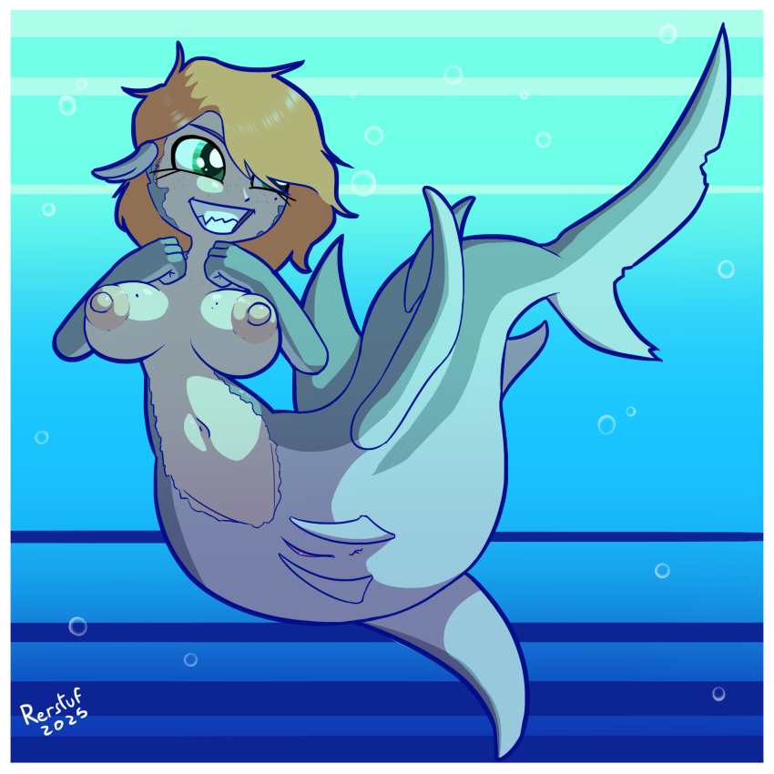 1girl anus breasts female freckles grin mermaid nude original pussy red_hair rerstuf shark sharp_teeth solo underwater