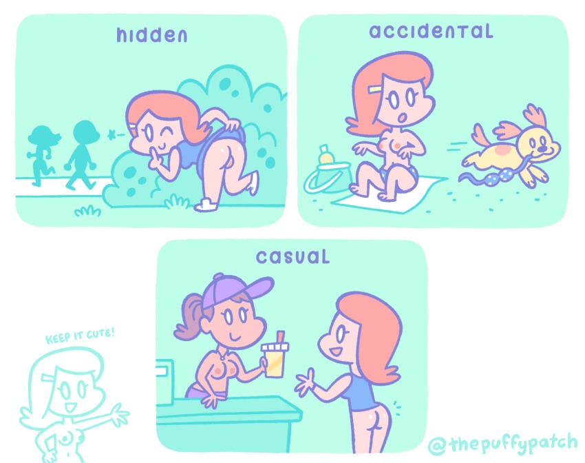 2girls ass breasts clothing_theft dog exhibitionism mooning public_nudity pussy stolen_clothes thepuffypatch