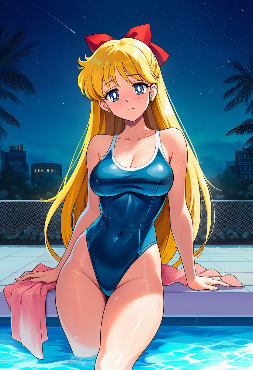 1girl accurate_art_style adult_swim alluring bare_legs bishoujo_senshi_sailor_moon bishoujo_senshi_sailor_moon_r bishoujo_senshi_sailor_moon_r_the_movie bishoujo_senshi_sailor_moon_s bishoujo_senshi_sailor_moon_s_the_movie bishoujo_senshi_sailor_moon_supers bishoujo_senshi_sailor_moon_supers_the_movie blonde_hair blue_eyes medium_breasts mikalizer minako_aino one-piece_bikini pin_up sailor_venus swimming_pool toei_animation toonami towel viz_media