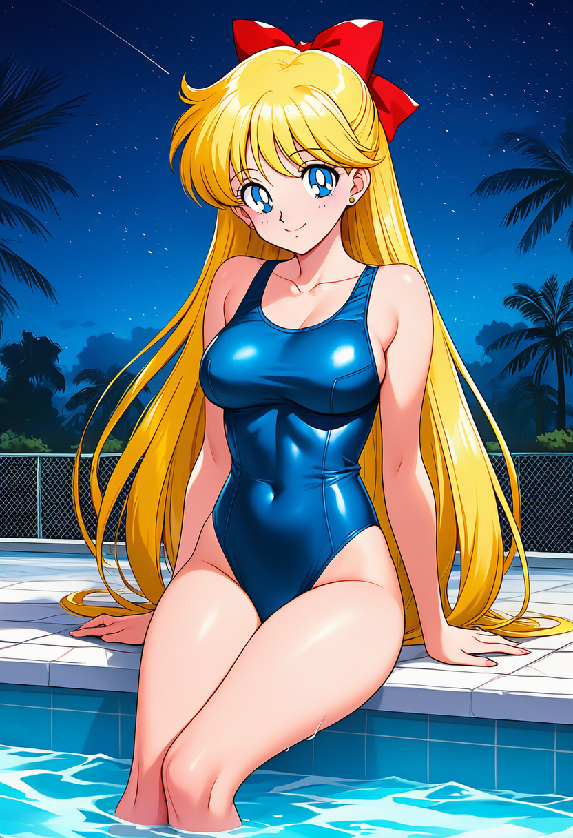1girl accurate_art_style adult_swim alluring bare_legs bishoujo_senshi_sailor_moon bishoujo_senshi_sailor_moon_r bishoujo_senshi_sailor_moon_r_the_movie bishoujo_senshi_sailor_moon_s bishoujo_senshi_sailor_moon_s_the_movie bishoujo_senshi_sailor_moon_supers bishoujo_senshi_sailor_moon_supers_the_movie blonde_hair blue_eyes medium_breasts mikalizer minako_aino one-piece_bikini pin_up sailor_venus swimming_pool toei_animation toonami viz_media