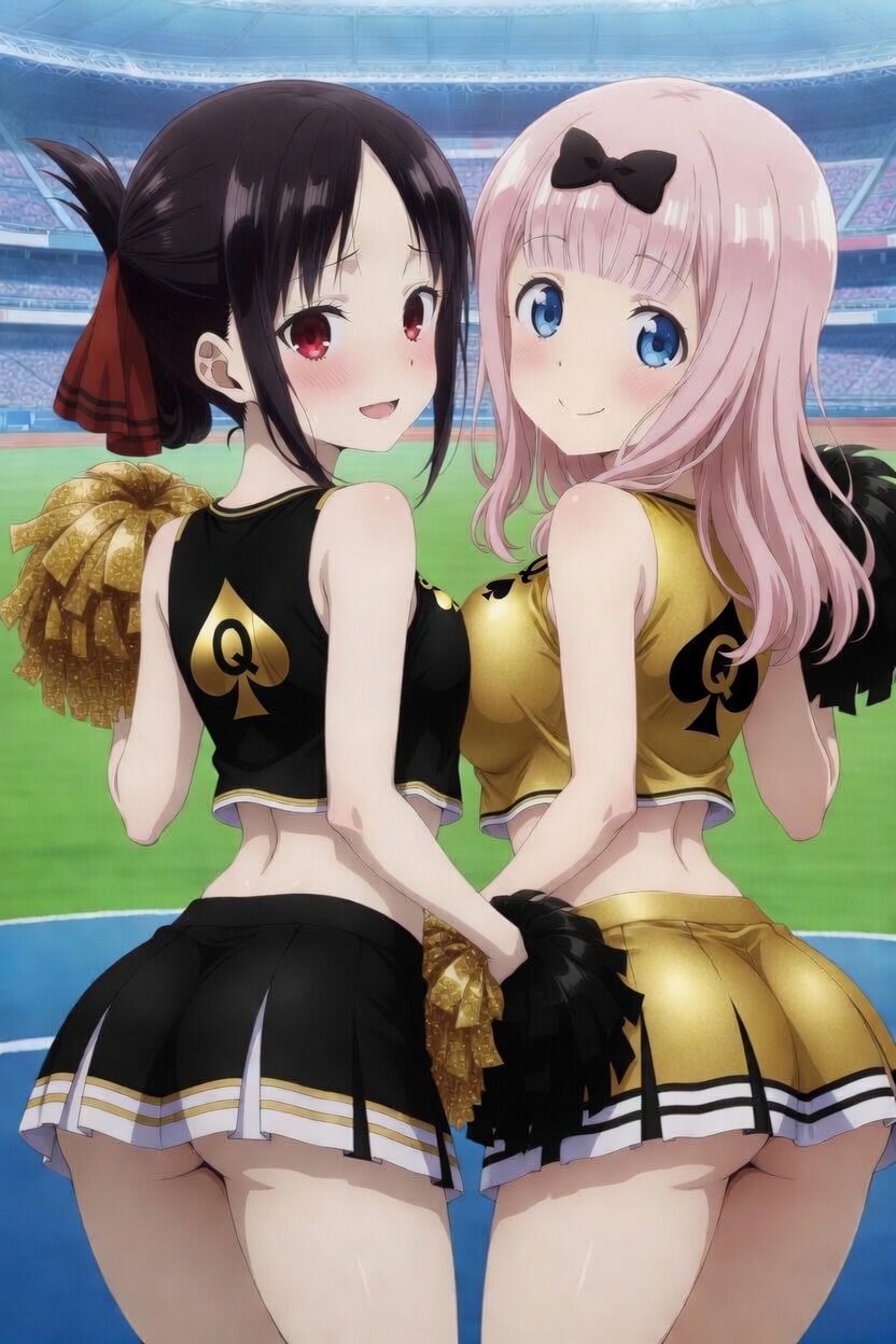 2_girls ass asymmetrical_docking big_ass big_breasts black_hair blacked_clothing blue_eyes breasts cheerleader cheerleader_outfit cheerleader_uniform cheerleaders daylight female_only fujiwara_chika kaguya-sama_love_is_war kaguya-sama_wa_kokurasetai_~tensai-tachi_no_renai_zunousen~ looking_at_viewer outside perrimsai_(artist) pink_hair pom_poms qos qos_clothing queen_of_spades red_eyes ribbon ribbons shinomiya_kaguya small_breasts spade teenage_girl teenager