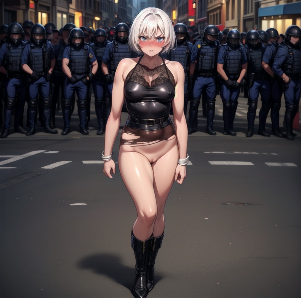 ai_generated angry angry_expression angry_face blush boots bottomless bullying clothes_removed clothes_ripped clothes_stolen clothes_tearing embarrassed embarrassed_underwear_female euf exhibitionism exhibitionist glj-enf going_commando half-dressed half_naked humiliated humiliation leather_boots nipples_visible_through_clothing no_panties no_pants no_skirt nude_from_the_waist_down pantsed pantsing pantsless pantyless police police_uniform protest public public_exposure public_humiliation public_indecency public_nudity punishment pussy ripped_clothing sexual_harassment shiny_skin shirt_only shocked shocked_expression short_hair skirt_removed skirtless stolen_clothes story_at_source street stripped stripping top_only torn_clothes torn_clothing undressed undressed_by_others