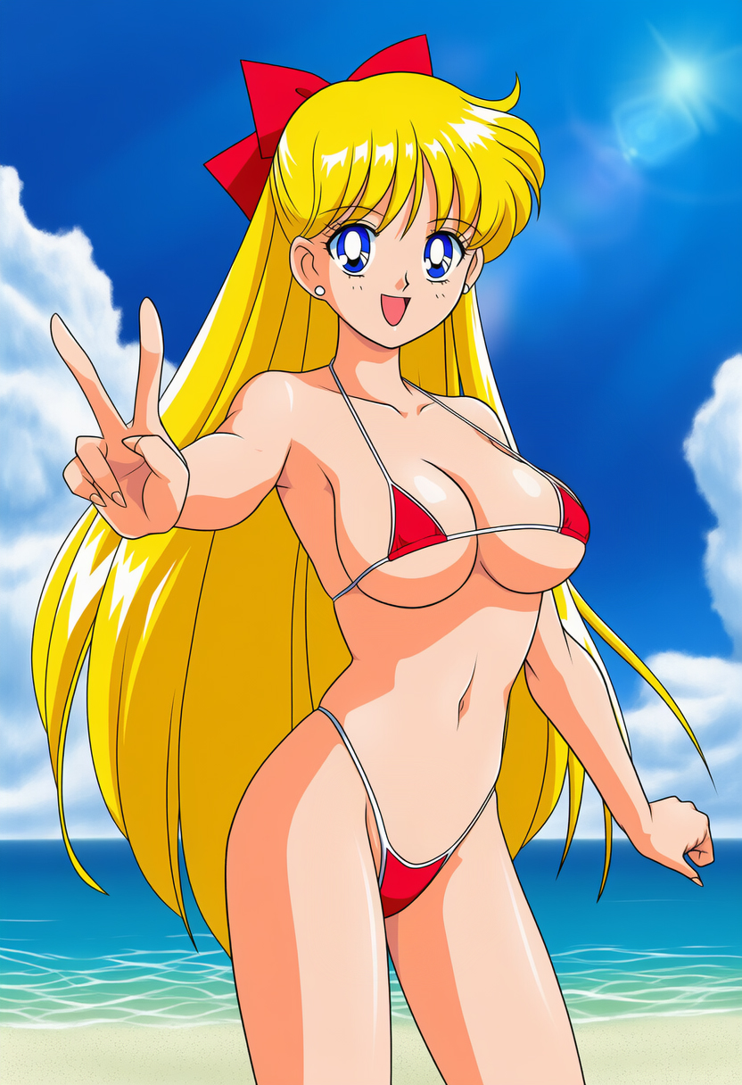 1girl accurate_art_style adult_swim alluring beach beautiful bikini bishoujo_senshi_sailor_moon bishoujo_senshi_sailor_moon_r bishoujo_senshi_sailor_moon_r_the_movie bishoujo_senshi_sailor_moon_s bishoujo_senshi_sailor_moon_s_the_movie bishoujo_senshi_sailor_moon_supers bishoujo_senshi_sailor_moon_supers_the_movie blonde_hair blue_eyes blue_sky cleavage cute insanely_hot minako_aino ocean pin_up posing red_bikini toei_animation toonami viz_media wolf_(artist)