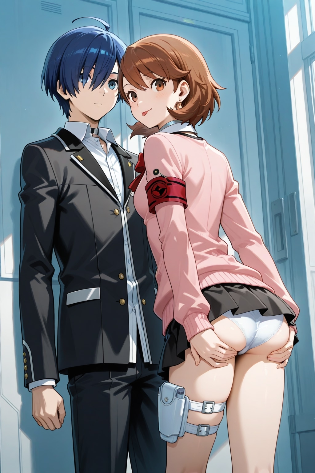 1boy 1girl ai_generated ass blue_hair brown_hair couple minato_arisato persona_3 white_panties yukari_takeba yuuki_makoto