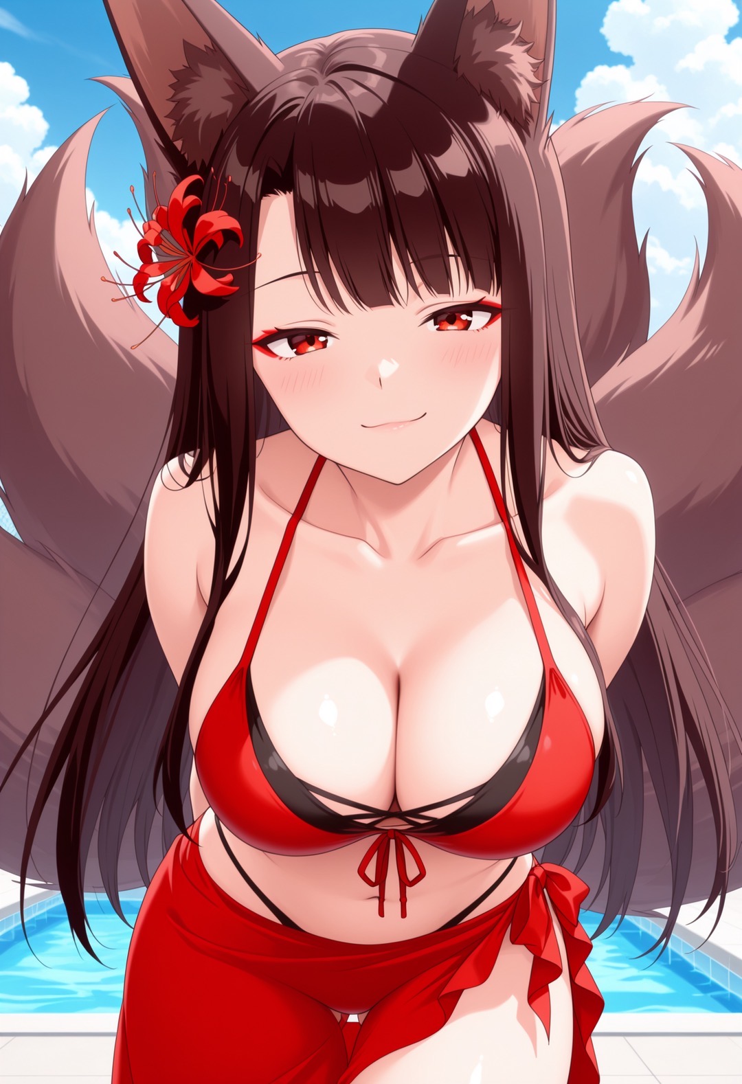 1girl ai_generated akagi_(azur_lane) arms_behind_back azur_lane big_breasts bikini black_bikini_bottom blush breasts brown_hair cleavage female_only flower flower_in_hair fox_ears fox_girl fox_tails leaning_forward long_hair outdoor_pool outside pool poolside red_bikini_top red_eyes red_sarong sarong ship_girl smile solo_female vegaforge