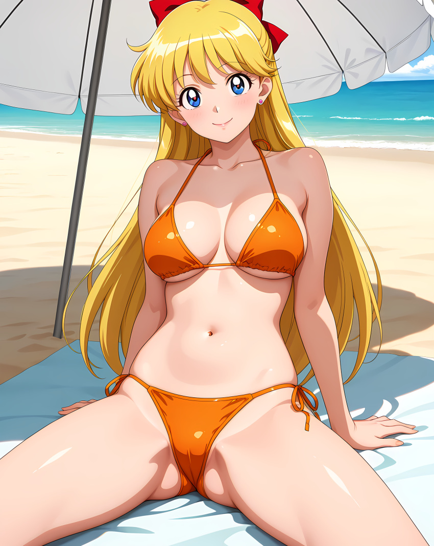 1girl adult_swim alluring beach beach_umbrella big_breasts bishoujo_senshi_sailor_moon bishoujo_senshi_sailor_moon_r bishoujo_senshi_sailor_moon_r_the_movie bishoujo_senshi_sailor_moon_s bishoujo_senshi_sailor_moon_s_the_movie bishoujo_senshi_sailor_moon_supers bishoujo_senshi_sailor_moon_supers_the_movie blonde_hair blue_eyes cleavage minako_aino ocean on_beach_towel pin_up thedaeron toei_animation toonami viz_media