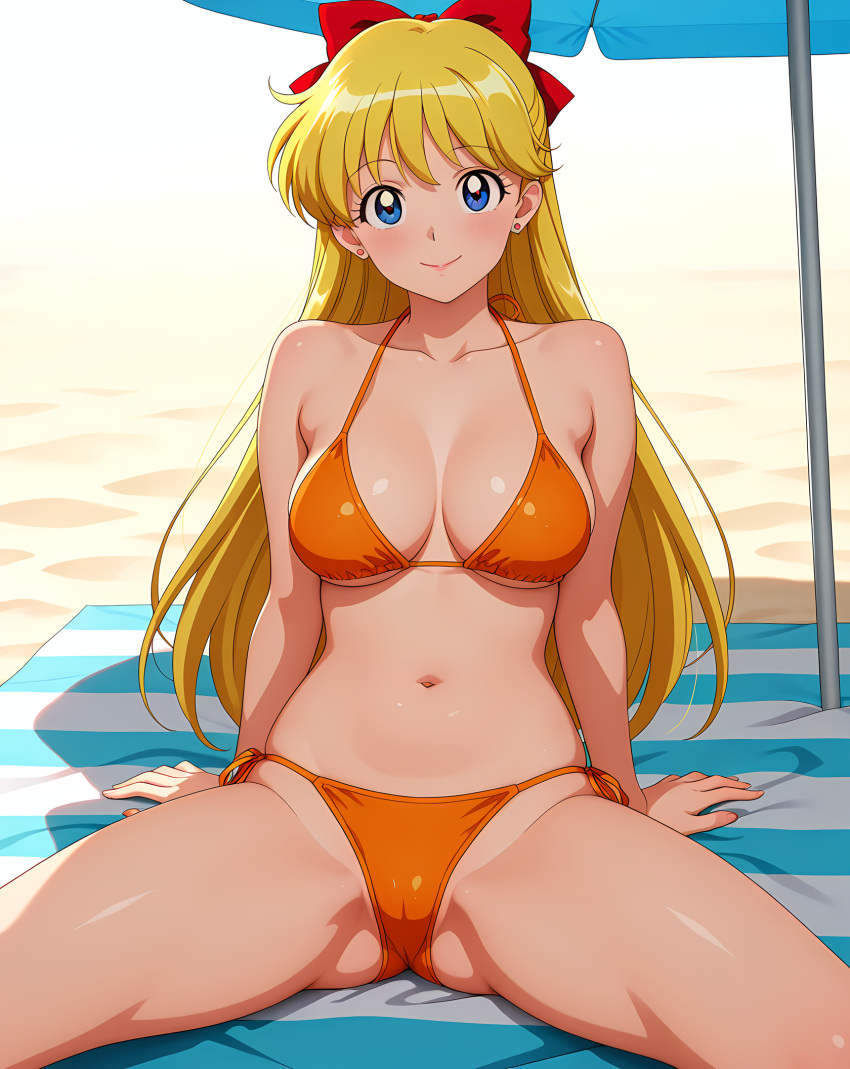 1girl adult_swim alluring beach beach_umbrella big_breasts bishoujo_senshi_sailor_moon bishoujo_senshi_sailor_moon_r bishoujo_senshi_sailor_moon_r_the_movie bishoujo_senshi_sailor_moon_s bishoujo_senshi_sailor_moon_s_the_movie bishoujo_senshi_sailor_moon_supers bishoujo_senshi_sailor_moon_supers_the_movie blonde_hair blue_eyes cleavage minako_aino ocean on_beach_towel pin_up thedaeron toei_animation toonami viz_media