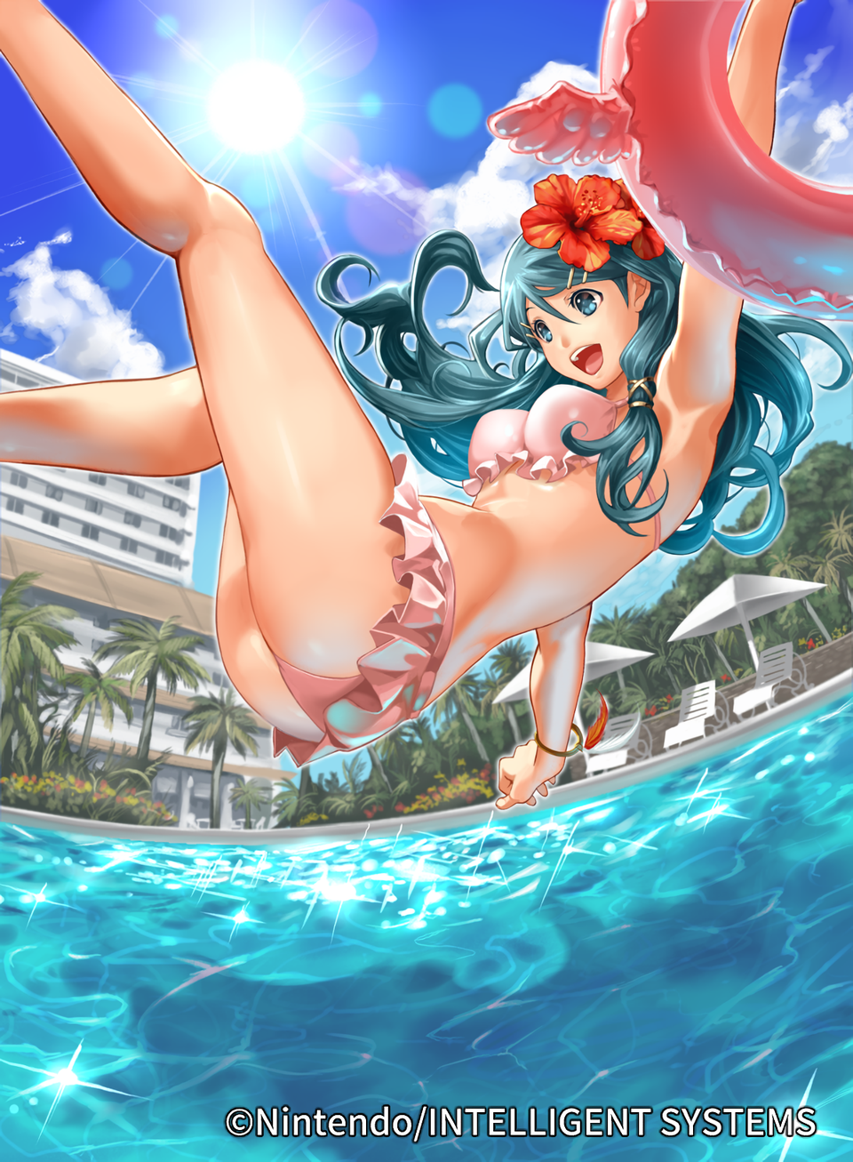 1girl 1girl alluring ass beach_chair beach_umbrella bikini blue_eyes blue_hair bracelet cloud company_connection copyright_name day female_focus fire_emblem fire_emblem_cipher fisheye flower frilled_bikini frills genei_ibunroku_#fe hair_flower hair_ornament hairclip i-la innertube intelligent_systems jewelry lens_flare long_hair medium_breasts nintendo official_art open_mouth oribe_tsubasa outside pink_bikini pool sky smile swim_ring swimming_pool swimsuit teal_hair tokyo_mirage_sessions_#fe tokyo_mirage_sessions_fe umbrella water