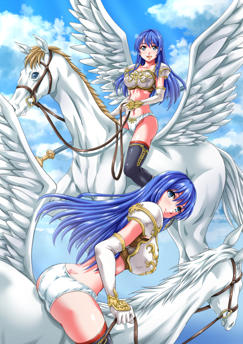 1girl alluring ass blue_eyes blue_hair breastplate caeda_(fire_emblem) elbow_gloves fire_emblem fire_emblem_warriors intelligent_systems medium_breasts nao_takami nintendo on_horse panties pegasus pegasus_knight shoulderpads takami_nao thighhigh_boots white_wings