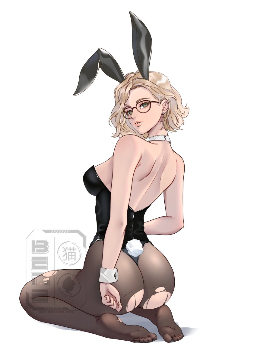 1girl ass back back_view beneceadraws biohazard blond blond_hair blonde blonde-haired_female blonde_female blonde_hair blonde_hair_female bunny_ears bunnysuit dat_ass feet glasses grace_ashcroft kneeling on_knees resident_evil resident_evil_9 resident_evil_9:_requiem resident_evil_requiem sideboob solo solo_female solo_focus torn_clothes torn_clothing torn_legwear torn_pantyhose twitter video_game_character video_game_franchise video_games