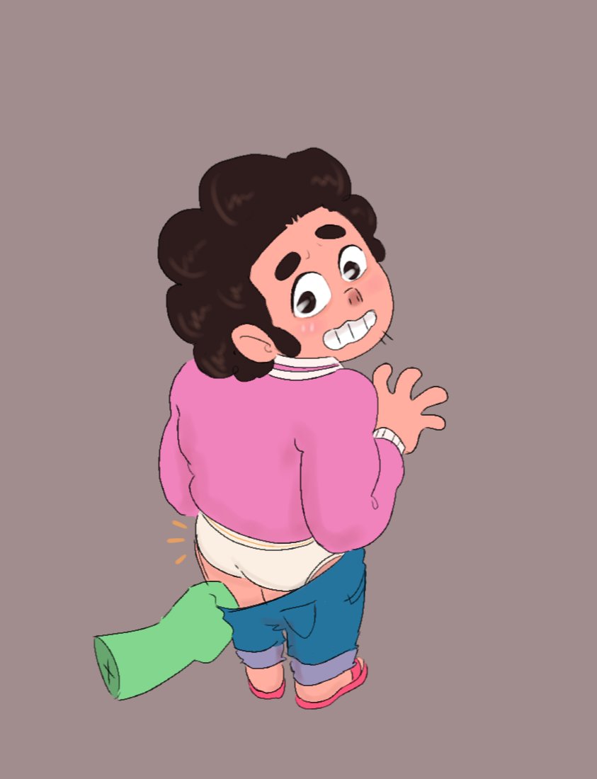 2024 annzyy5 anonymous ass black_hair cartoon_network facial_hair fully_clothed green_skin hand looking_back male no_visible_genitalia pants_pull plain_background steven_quartz_universe steven_universe steven_universe_future surprised underwear