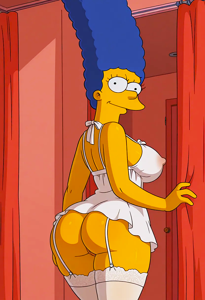 ass erect_nipples huge_breasts marge_simpson negligee smiling_at_viewer stockings the_simpsons thighs