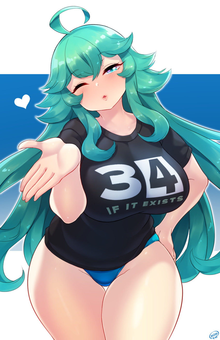 1girl 1girl ahoge aqua_eyes aqua_hair artist_name big_breasts black_shirt blowing_kiss blue_background blue_panties blush born-to-die breasts clothes_writing collarbone cowboy_shot english_text female_focus groin half-closed_eye hand_on_own_hip hand_up heart high_res long_hair looking_at_viewer matching_hair/eyes one_eye_closed open_mouth outline panties rule34.xxx rule_34-tan shirt short_sleeves signature simple_background skindentation standing thick_thighs thighs two-tone_background underwear very_long_hair white_background white_outline wide_hips wink