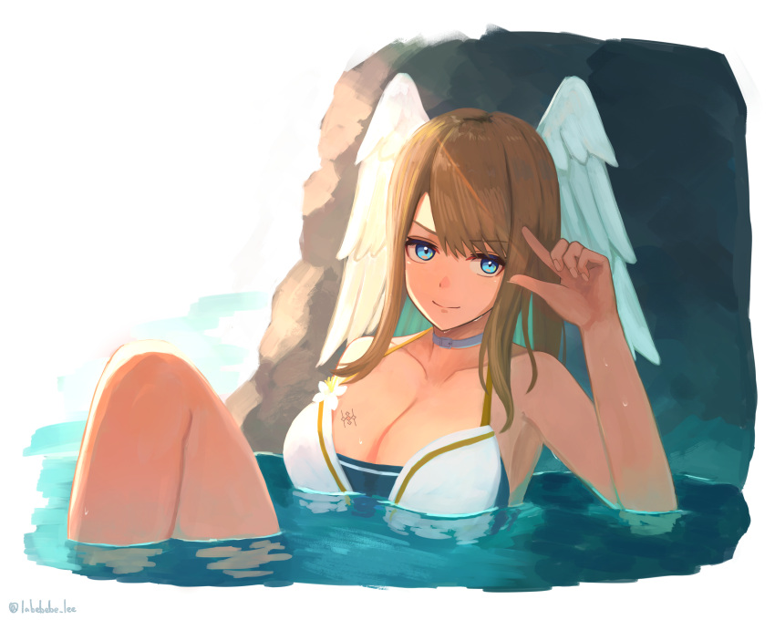 1girl 1girl alluring arm_up artist_name big_breasts blue_eyes border breast_tattoo brown_hair closed_mouth collarbone commentary_request eunie_(xenoblade) gesture head_wings high_res labebebe_lee long_hair looking_at_viewer official_alternate_costume partially_submerged rock tattoo water wet white_border wings xenoblade_(series) xenoblade_chronicles_3