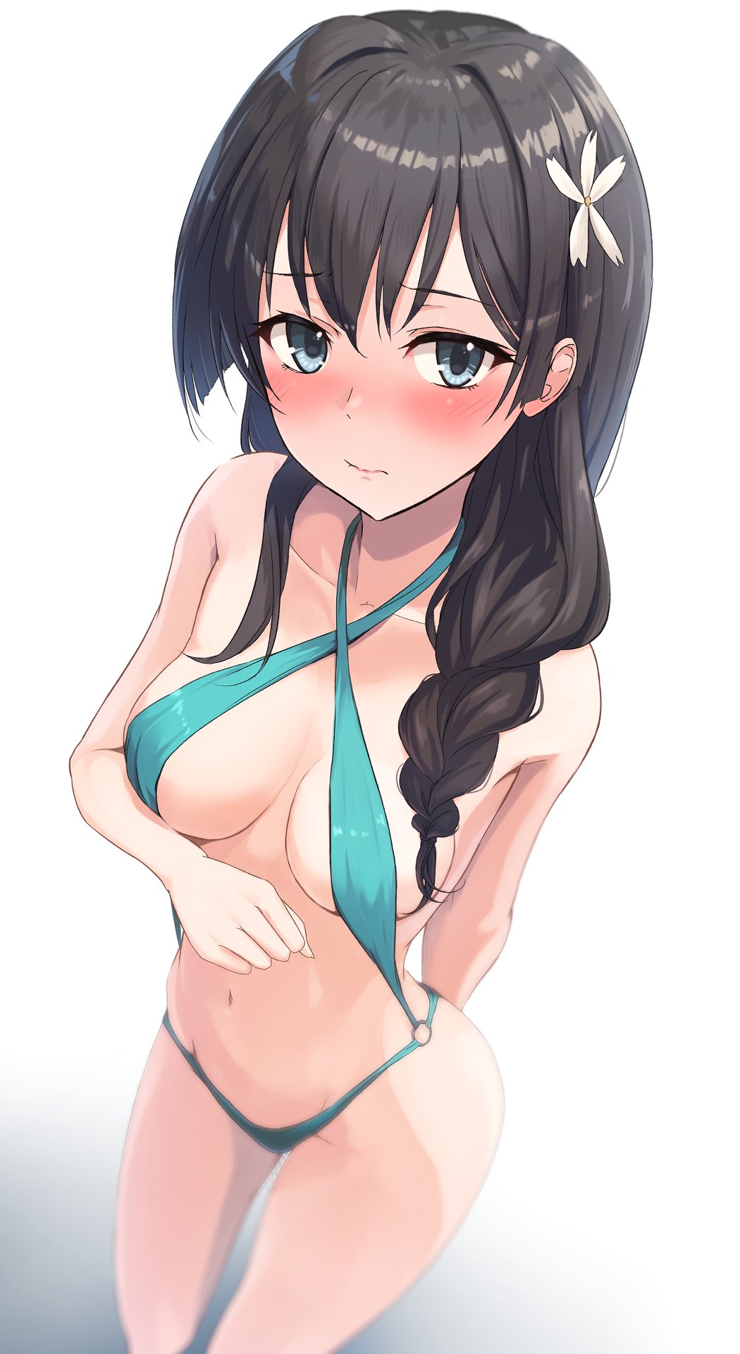 1girl 2020s 2024 alternate_costume alternate_hairstyle arm_behind_back big_breasts black_hair blue_eyes blush braid breasts breasts_apart closed_mouth criss-cross_halter female flower hair_flower hair_ornament hair_over_shoulder halterneck high_res k3rd long_hair looking_at_viewer medium_breasts navel o-ring o-ring_swimsuit perspective saten_ruiko single_braid slingshot_swimsuit solo standing swimsuit teen teenage_girl to_aru_kagaku_no_railgun to_aru_majutsu_no_index white_background wide_hips young