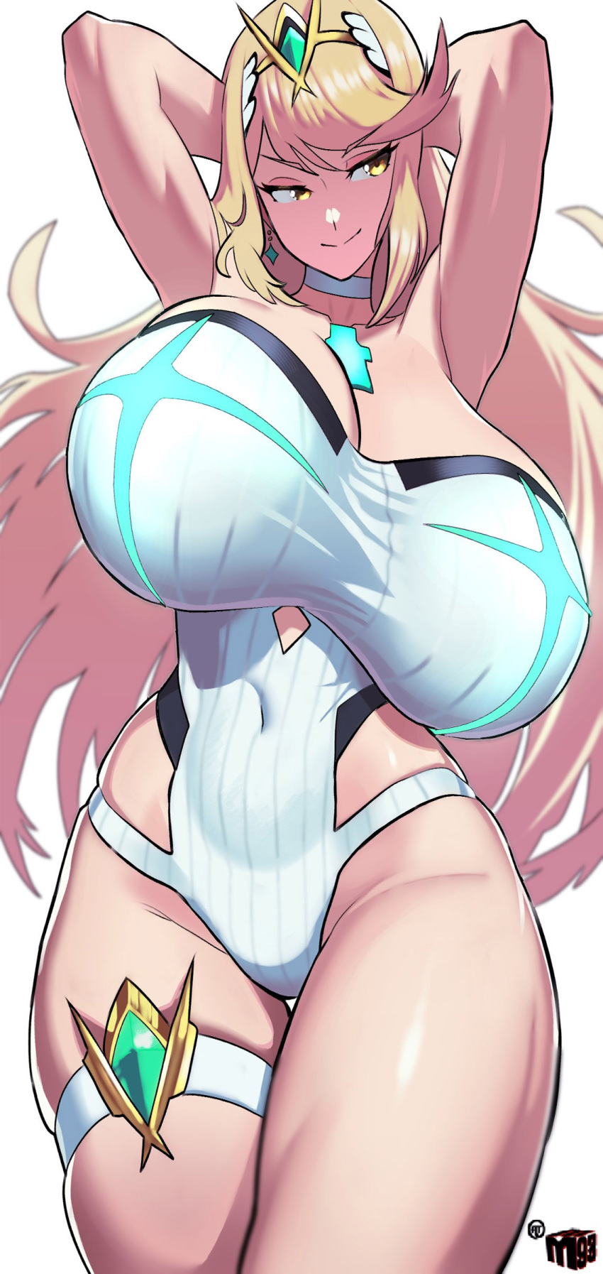 1girl 2d 2d_(artwork) alluring arms_up artist_logo big_breasts blonde_hair breasts choker circlet covered_navel curvaceous curvy curvy_female curvy_figure earrings eyelashes female_focus female_only glowing_eyes hands_behind_head mewmaster93 mythra_(xenoblade) seductive seductive_pose seductive_smile simple_background small_waist smile solid_color_background straight_hair swimsuit tall_female thick_thighs thigh_strap very_long_hair white_background xenoblade_(series) xenoblade_chronicles_2 yellow_eyes