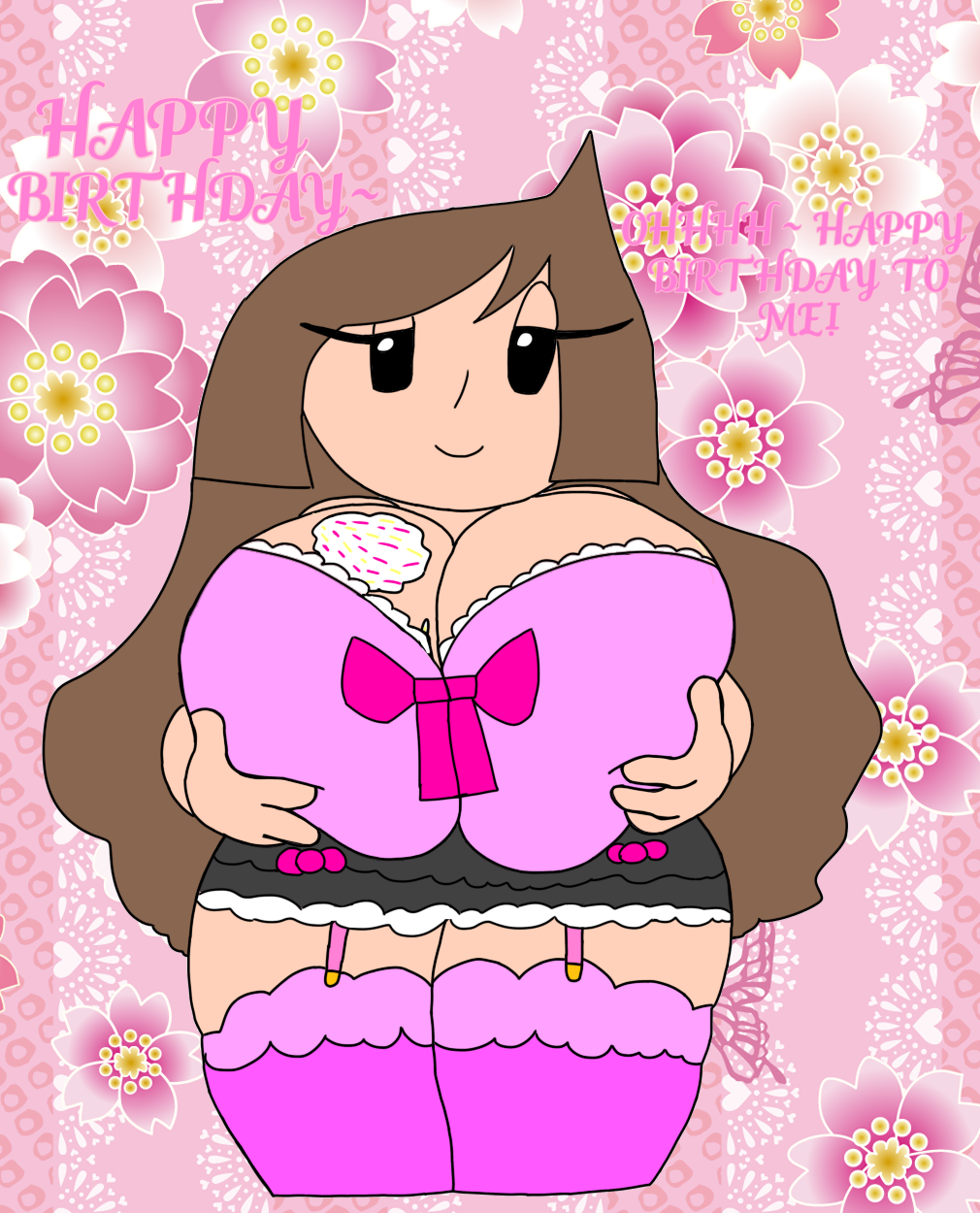 1girl adorable aliya_(aliyal007) aliyal007 bedroom_eyes big_breasts birthday birthday_cake breasts brown_hair cassettedream clothed clothing costume cute dream-cassette eyelashes female female_focus female_only flower flower_background flowers food_on_body food_on_breasts garter_straps holding_breasts hoshime huge_breasts legwear light-skinned_female light_skin pink_bow pink_clothing simple_background smile sprinkles stockings text thick_thighs thighs
