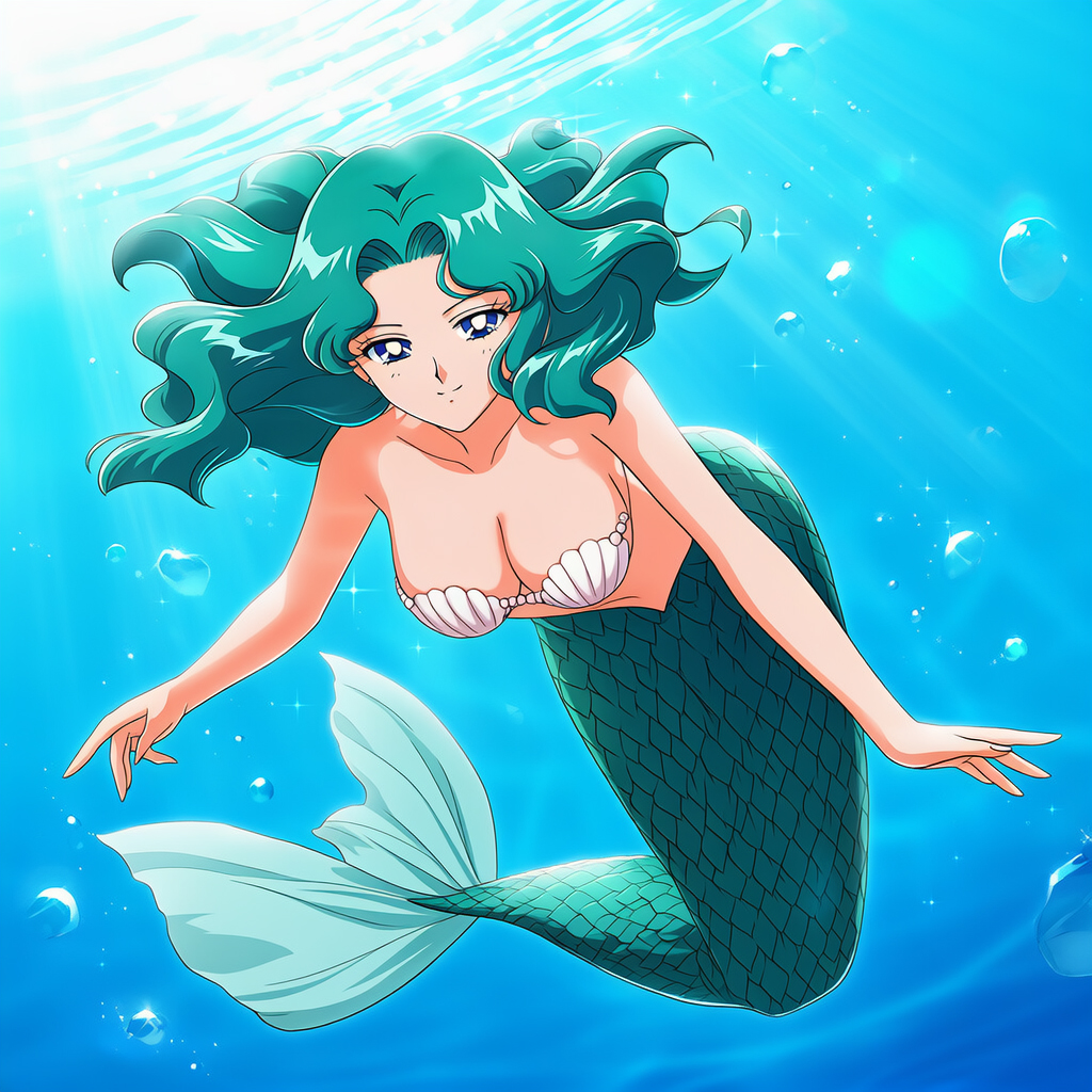 1girl adult_swim alluring big_breasts bishoujo_senshi_sailor_moon bishoujo_senshi_sailor_moon_s bishoujo_senshi_sailor_moon_s_the_movie bishoujo_senshi_sailor_moon_supers bishoujo_senshi_sailor_moon_supers_the_movie blue_eyes cleavage female mermaid michiru_kaiou solo teal_hair toei_animation toonami underwater viz_media wolf_(artist)